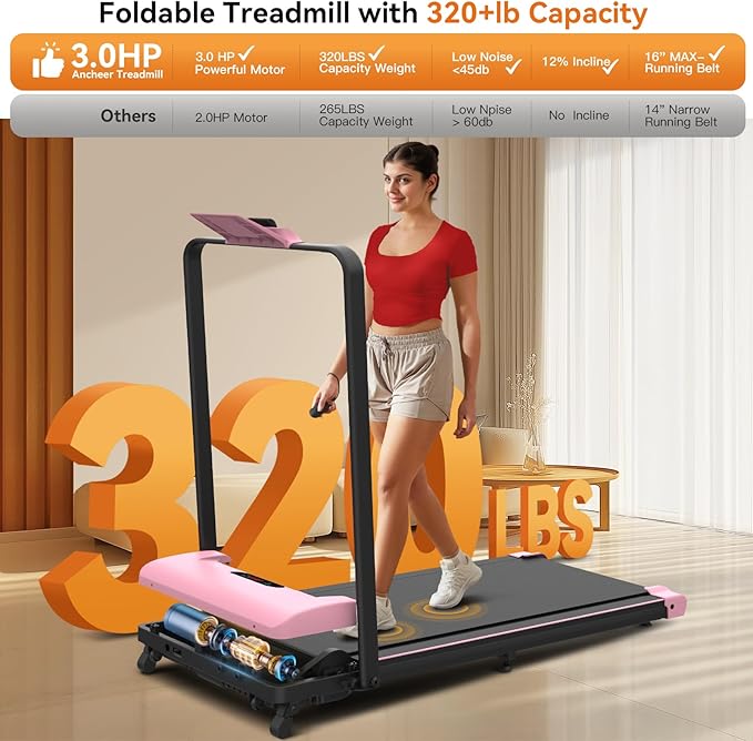 ANCHEER Foldable Treadmill with 12% Incline, 3.0HP Walking Pad Treadmills with Handle Bar, 320LBS Capacity/2S Folding/Widened Belt, Quiet Portable Walking Treadmill Under Desk with LED