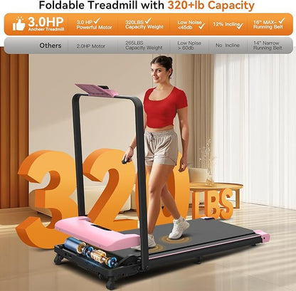 ANCHEER Foldable Treadmill with 12% Incline, 3.0HP Walking Pad Treadmills with Handle Bar, 320LBS Capacity/2S Folding/Widened Belt, Quiet Portable Walking Treadmill Under Desk with LED