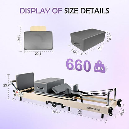 Pilates Reformer, Maple Wooden Foldable Pilates Reformer Machine with 6 Springs,Sitting Box, Padded Jump Board, 660lbs Capacity for Home Workouts Studio Yoga
