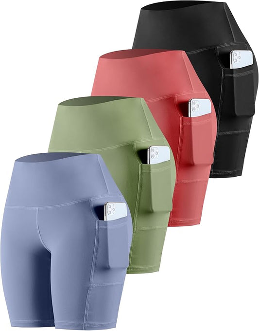 CHRLEISURE Womens Biker Yoga Shorts with Pockets: High Waisted Tummy Control Spandex Workout Athletic Gym Shorts 4 Packs