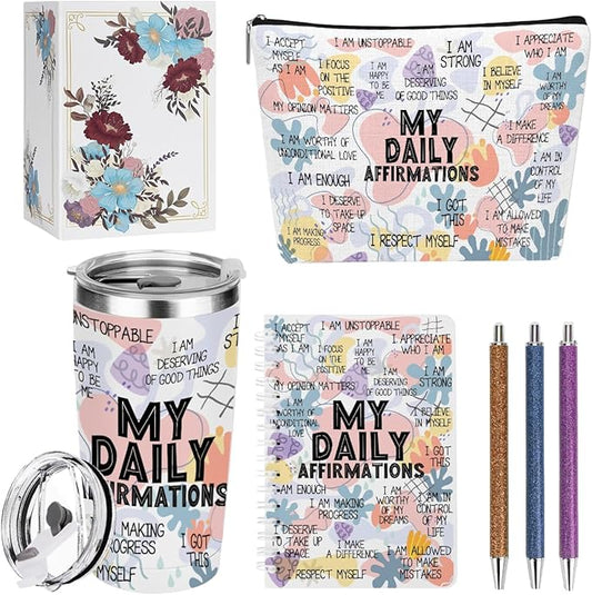Positive Daily Affirmations for Women Mental Health Inspirational Gifts for Sister Friend Boss Coworker Birthday Friendship Christmas, Office 6PCS 20oz Tumbler Makeup Bag Ballpoint Pen Notebook