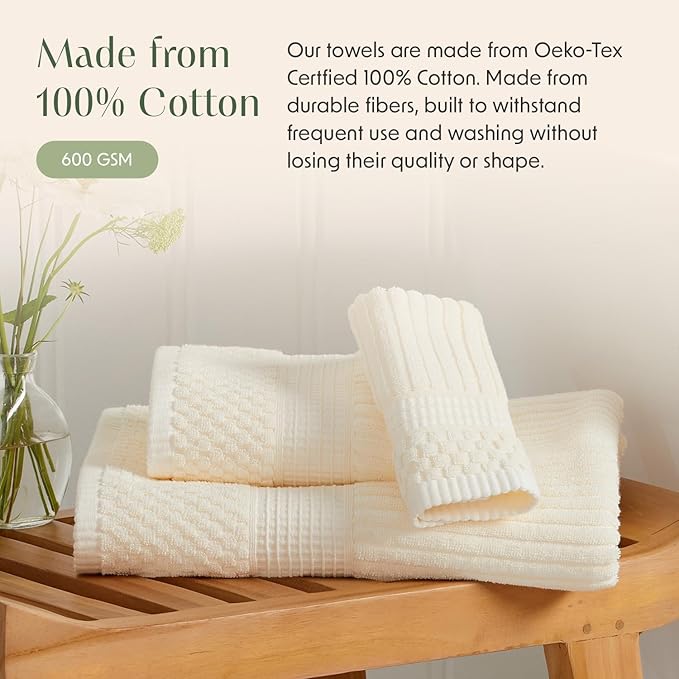 Springtree Home 100% Cotton Bath Towel Set | 6 Piece Set | Absorbent & Quick-Dry Bath Towels | Textured and Durable Cotton | Krista Collection - Cream