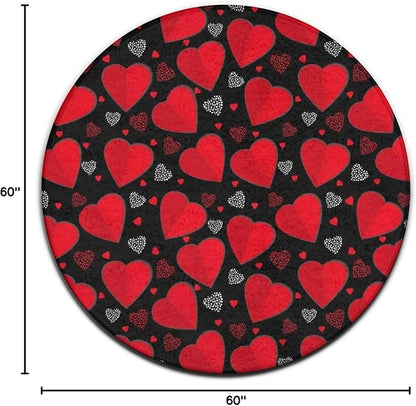 Soft Round Yoga Carpet, Large Home Decor Mat, Non-Slip Machine Washable Kitchen Office Circle Rug Compatible with Valentine's Day Elegant Red Love Heart Black