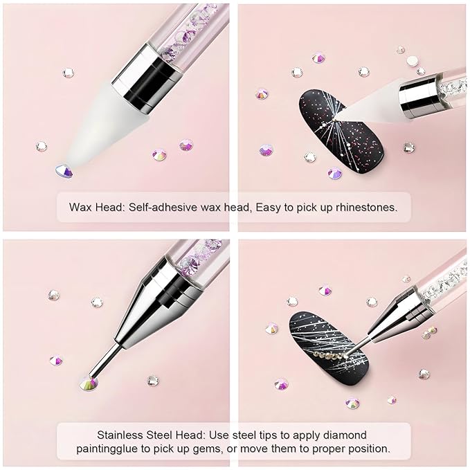 Rhinestone Picker Tool, Dual-ended Rhinestones Applicator Nail Art Design Tool, 2 Pack Acrylic Handle Nail Pen with 4 Extra Wax Tips and1 Tweezer