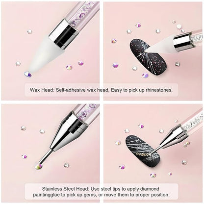 Rhinestone Picker Tool, Dual-ended Rhinestones Applicator Nail Art Design Tool, 2 Pack Acrylic Handle Nail Pen with 4 Extra Wax Tips and1 Tweezer