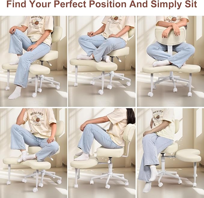 Meditation Chair, Cross Legged ADHD Office Chair for Adults with Wheels Ergonomic Back Support and Leg Rest for Multi Position Criss Cross Sitting Kneeling and Yoga Height Adjustable, Leather Style
