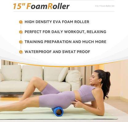 5 in1 Foam Roller Set, Trigger Point Foam Roller, Massage Roller Stick, Massage Ball, Resistance Band for Deep Muscle Massage Pilates Yoga,Fitness Exercise for Whole Body (Pure Blue)
