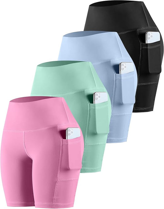 CHRLEISURE Womens Biker Yoga Shorts with Pockets: High Waisted Tummy Control Spandex Workout Athletic Gym Shorts 4 Packs