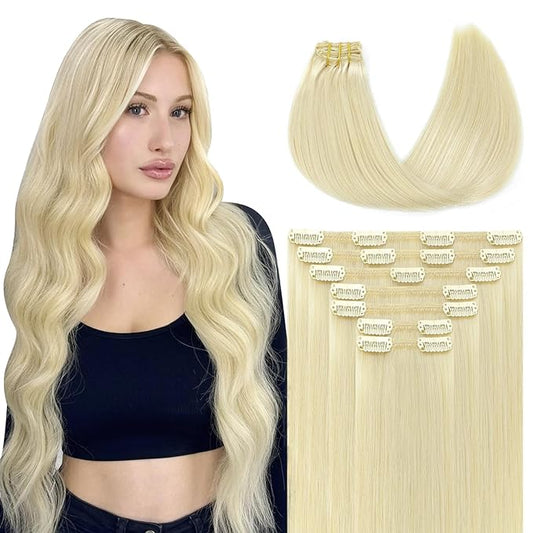 Youngsmile Clip in Hair Extensions,20 Inch 160 Gram 7 Pcs, Color 60 Platinum Blonde, Clip in Rallonge Cheveux Humain Extension Soft Remy Hair Extensions (7C#60-20Inch)