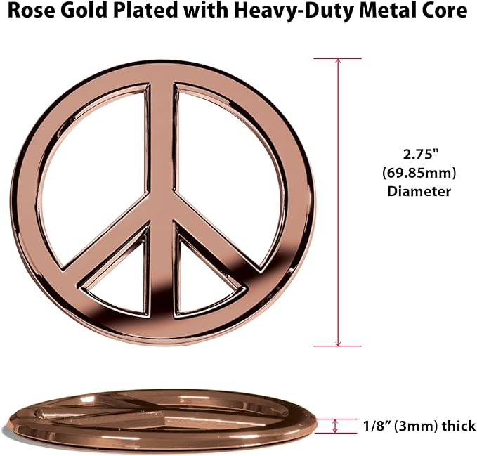 Classic Rose Gold Peace Sign Logo - Metal Car Emblem by Revolution Car Badges - Antiwar Peace and Love Symbol - Premium Alternative to Bumper Stickers, Decals, and Magnets (Rose Gold Plated Metal)