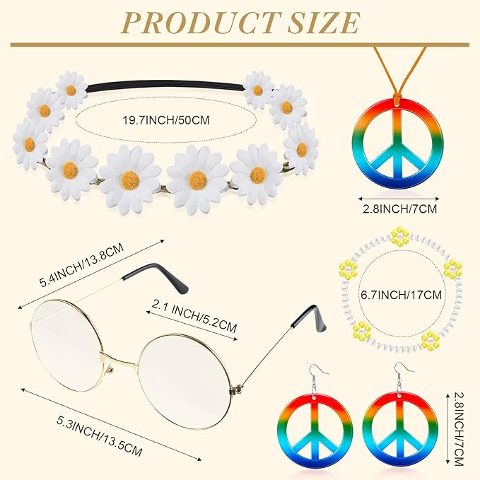 Batiyeer 6 Pcs Hippie Costume Accessories Set, Boho Peace Sign Daisy Flower 60s 70s Party Favors Decor for Groovy Party Women
