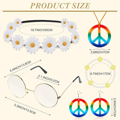 Batiyeer 6 Pcs Hippie Costume Accessories Set, Boho Peace Sign Daisy Flower 60s 70s Party Favors Decor for Groovy Party Women