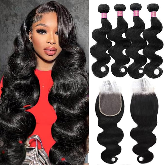 Bundles Human Hair with Closure (22 24 26 28+20 Inch) 12A Body Wave 4 Bundles with 5x5 Closure 100% Unprocessed Brazilian Virgin Quick Weave Bundles Human Hair Natural Black