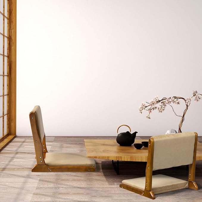 HollyHOME Foldable Tatami Chair, Upholstered Japanese Style Floor Seat, Wood Legless Back Rest With Cushion, Accent Meditation for Bay Window, Living Room, Bedroom, Dark Brown