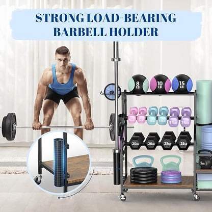 Mythinglogic Dumbbell Rack for Home Gym, Weight Rack for Dumbbells, Multifunctional Yoga Mat Holder for Barbell plates and Kettlebells, Home Gym Storage Rack with Casters