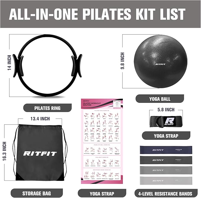 RitFit Pilates Kit - 14 Inch Pilates Ring Magic Circle with Pilates Ball, Resistance Bands & Yoga Strap, Pilates Equipment for Home Workout Toning Thighs, Arms and Core (Black/Pink)