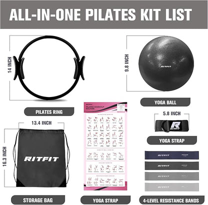 RitFit Pilates Kit - 14 Inch Pilates Ring Magic Circle with Pilates Ball, Resistance Bands & Yoga Strap, Pilates Equipment for Home Workout Toning Thighs, Arms and Core (Black/Pink)