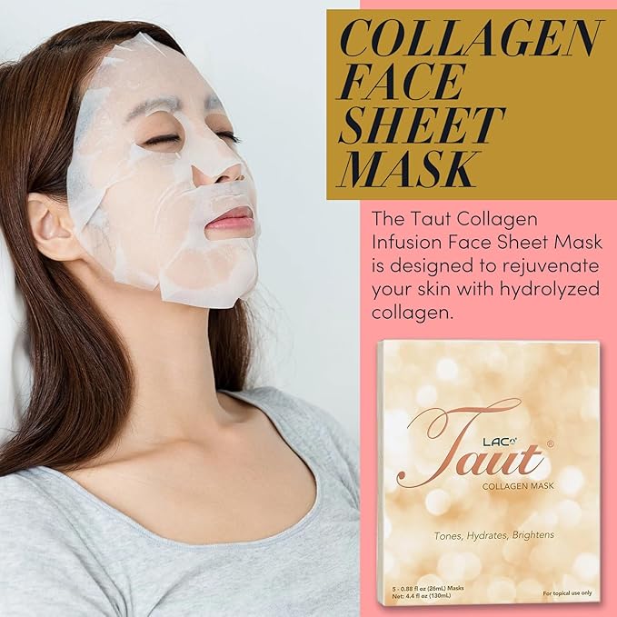 TAUT Collagen Face Mask – 5 Sheet Pack with Hyaluronic Acid, Marine Collagen & Vitamin C – Hydrating, Anti-Aging Sheet Mask for Firm, Glowing Skin – Korean Skincare Inspired