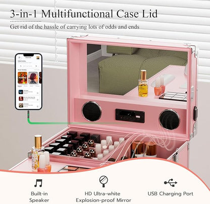 Icoget Portable Rolling Manicure Table for Nail Teach, Foldable Traveling Nail Desk w/Storage, Mobile Nail Table w/Audio and Mirror, Makeup Train Case Cosmetic Trolley, Pink