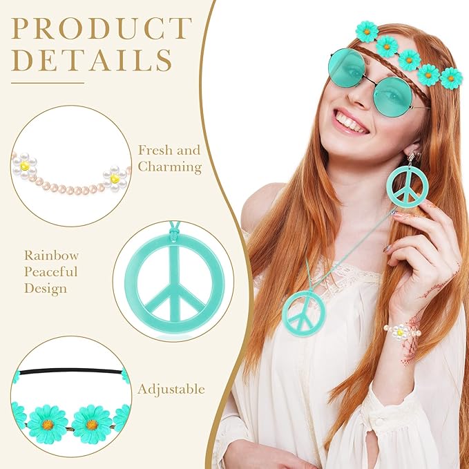 Batiyeer 6 Pcs Hippie Costume Accessories Set, Boho Peace Sign Daisy Flower 60s 70s Party Favors Decor for Groovy Party Women