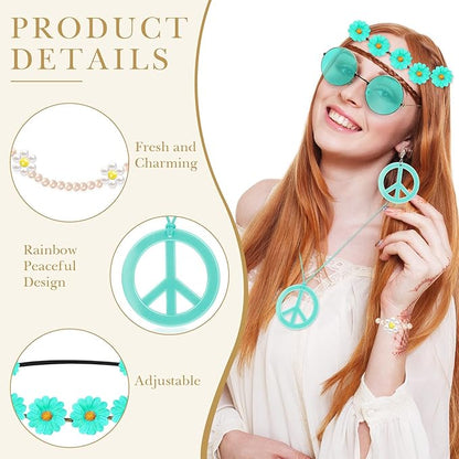 Batiyeer 6 Pcs Hippie Costume Accessories Set, Boho Peace Sign Daisy Flower 60s 70s Party Favors Decor for Groovy Party Women