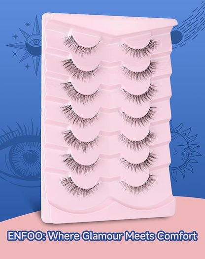 Short Cat Eye Lashes Clear Band False Eyelashes Wispy Natural Look Flared Strip Eyelash Soft Fluffy Lashe Pack 7 Pairs SF-10
