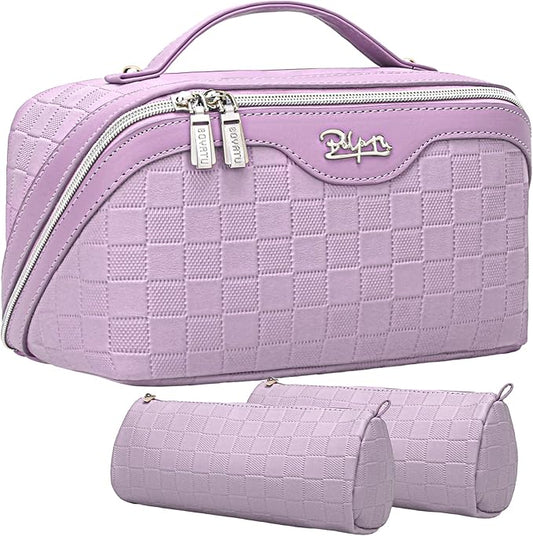 BOYATU Travel Makeup Bag Organizer Cosmetic Bag: 3 Pcs Set Make up Bags for Women with Handle - Waterproof Vegan Leather Toiletry Bags Travel Essentials Pouch with Compartments (C-01-Purple)