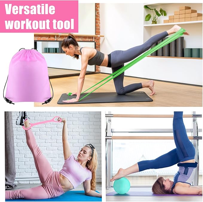 21 Pcs Pilates Ring Circle Set Home Pilates Equipment Kit for Women Pilates Equipment Home Workout Equipment Set Includes 9.8 In Ball Yoga Ring Stretching Strap 8 Resistance Bands Non Slip Socks, Pink