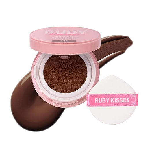 Ruby Kisses Cushion Foundation, Full Coverage Korean Makeup, Lightweight & Long Lasting, All Day Natural Glowy Finish for All Skin Types with Hyaluronic Acid & Bakuchiol (Cognac, 0.52 Ounce)