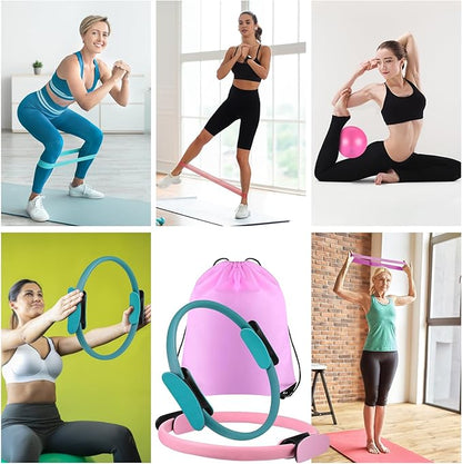 21 Pcs Pilates Ring Circle Set Home Pilates Equipment Kit for Women Pilates Equipment Home Workout Equipment Set Includes 9.8 In Ball Yoga Ring Stretching Strap 8 Resistance Bands Non Slip Socks, Pink