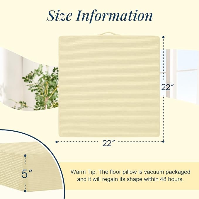 Solid Square Floor Pillows for Adults Kids - Large Meditation Floor Pillow Seating Cushion with Thick Foam & Washable Velvet Cover, 1 Pack, 22x22x5 Inch, Beige