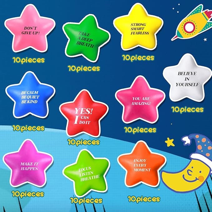 Sotiff 100 Pack Star Stress Balls Bulk Stress Relief Balls with Motivational Quotes Mini Inspirational Foam Party Favors Gifts for Kids Adults Anger Fidget Relief Exercise(Bright Colors)