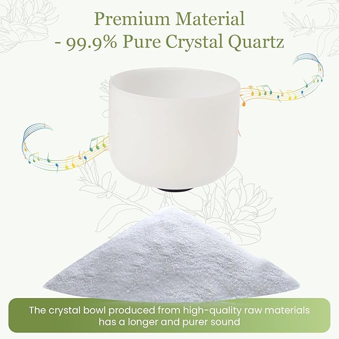 432HZ 9 Inchs Frosted Crystal Singing Bowl Set for Meditation Healing Yoga Chakra Quartz Crystal Sound Bowls with Heavy Duty Carry Case and Rubber Mallet,Suede Striker,O-rings
