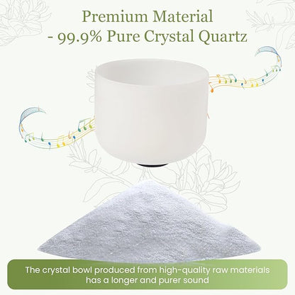 432HZ 9 Inchs Frosted Crystal Singing Bowl Set for Meditation Healing Yoga Chakra Quartz Crystal Sound Bowls with Heavy Duty Carry Case and Rubber Mallet,Suede Striker,O-rings