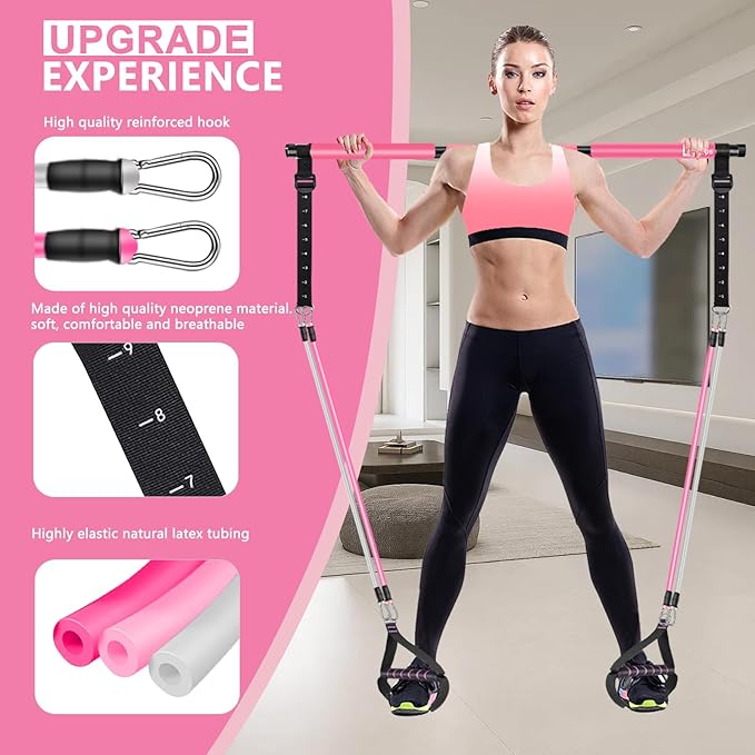 Pilates Bar Kit with Resistance Bands,Ab Roller,2 in 1 Foot Strap & Handle,Door Anchor Pilates Equipment with Resistance Bands, Portable Home Gym Yoga Fitness Bar for Women & Men