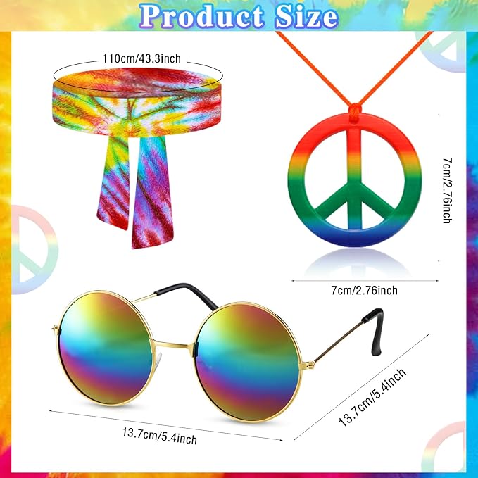 Hippie Costume for Men Women 4PCS Mens 60s 70s Outfit Set Colorful Hippie Shirt Sunglasses Headband Peace Necklace