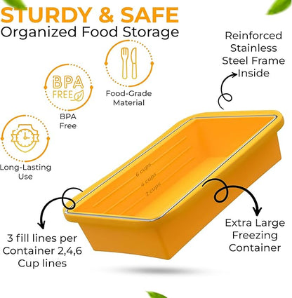 (2 Pack) Large Silicone Freezer Containers For Soup, Pasta Sauce, Leftovers, Broth & More - 6 Cup Reusable BPA Free Non Plastic Food Storage Freezing Ice Trays With Lids & Measurement Lines