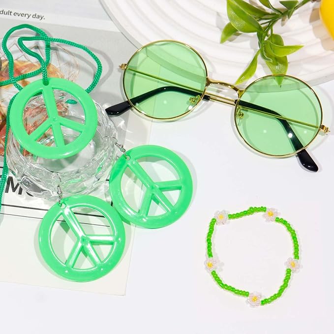 6 Pcs Hippie Costume Accessories Set, Flower Hippie Headband Boho Peace Sign Necklace Earrings Sunglasses Bracelet