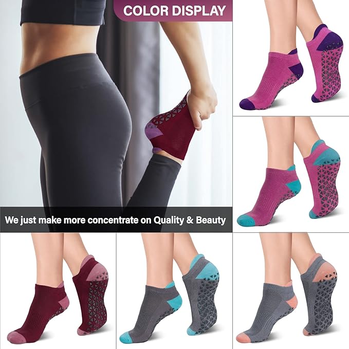 Non Slip Yoga Socks with Grips for Pilates, Ballet, Barre, Barefoot, Hospital Anti Skid Socks for Women and Men