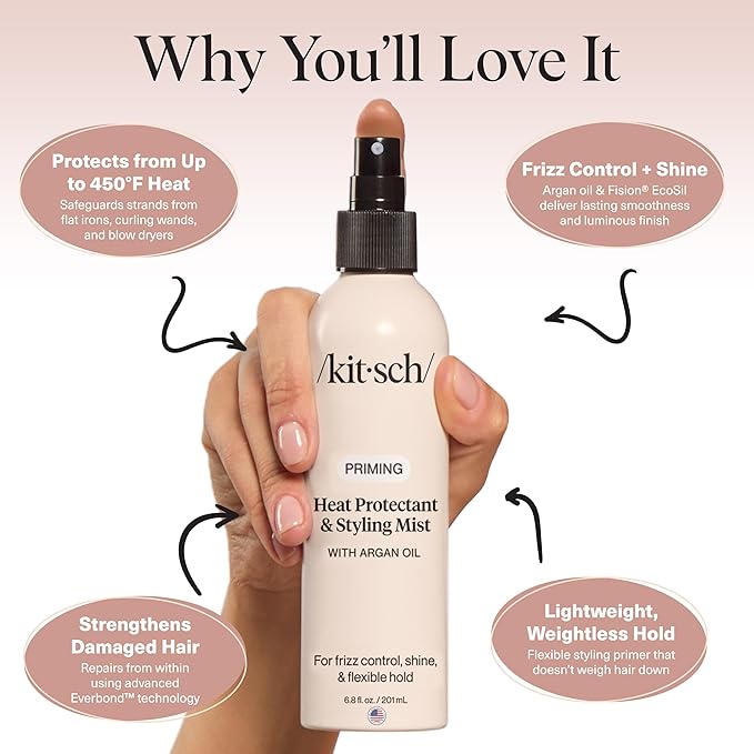 Kitsch Heat Protection Spray for Hair – Heat Protectant for Hair with Argan Oil – Styling Hair Spray for Frizz Control, Shine & Damage Protection – Protects Strands Up to 450°F – 6.8oz