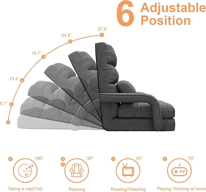 Adjustable Floor Gaming Chair for Adults, 6-Position Chaise Lounge Chair with Meditation Arm, Foldable Lazy Sofa with Pillow, Comfy Chair Indoor for Bedroom Dorm Living Room, Charcoal