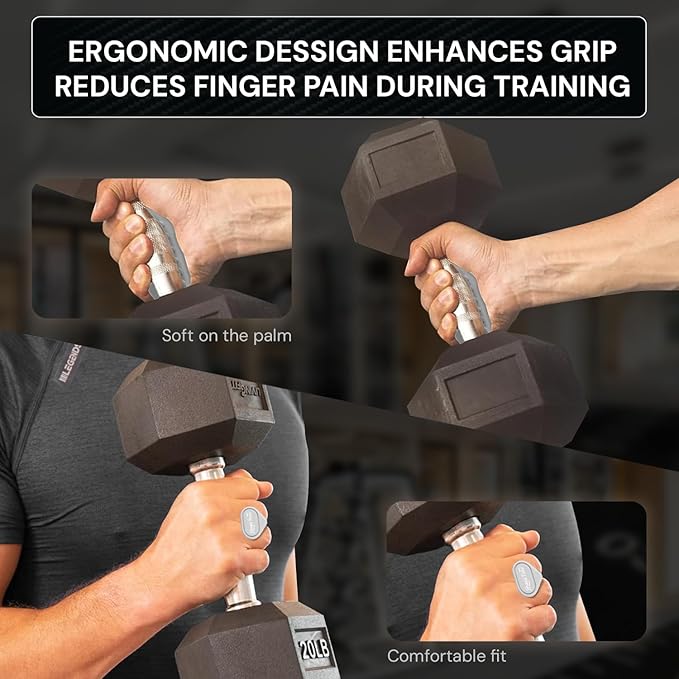 Ergonomic-Gym-Grips-for-Men-&-Women - Soft Silicone Weight Lifting Grips for Dumbbells, Barbells, Pull-Ups, Deadlifts - Fingerless, Sweat-Resistant, Includes Portable Case