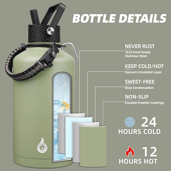 BJPKPK 2/3 Gallon Water Bottle with Straw Lid, 50oz, 64oz, 87oz, 128oz Large, Stainless Steel Water Bottles with 3 Lids and Paracord Handle, Double Wall Vacuum Metal Water Jug, Camp Green