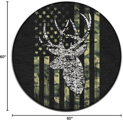 Large Home Decor Mat, Soft Round Yoga Carpet, Non-Slip Machine Washable Kitchen Office Circle Rug Compatible with Deer Camo Camouflage American Flag Hunting Black