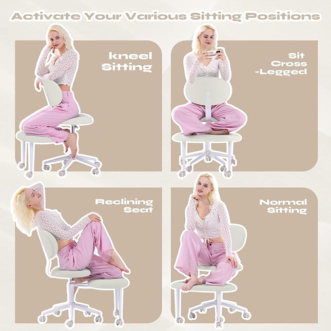 Ergonomic Cross Legged Office Chair with Wheels, ADHD Chair for Adults, Meditation Chair, Yoga Office Chair, Comfortable Back Support, Height Adjustable,Small Spaces, Teddy Fabric, White