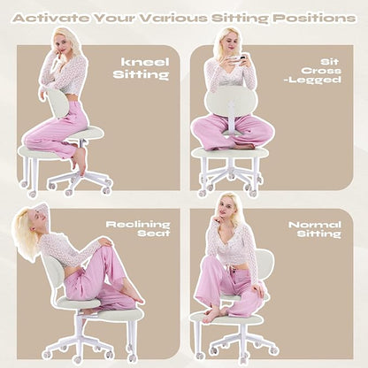 Ergonomic Cross Legged Office Chair with Wheels, ADHD Chair for Adults, Meditation Chair, Yoga Office Chair, Comfortable Back Support, Height Adjustable,Small Spaces, Teddy Fabric, White