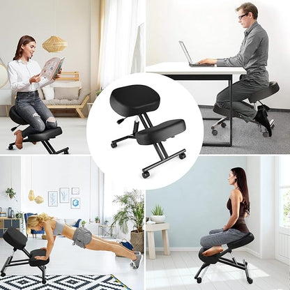 Ergonomic Kneeling Chair, Meditation Chair with Height Adjustable and Cushion for Home and Office, Posture Office Stool with an Angled Seat and Casters