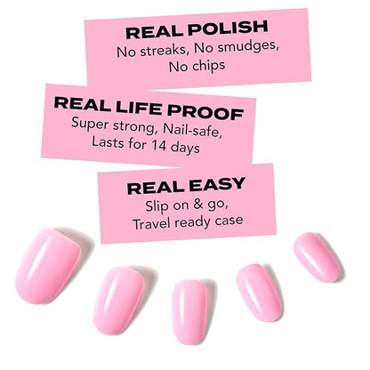 Short Pink Press On Nails | Hard Candy False Nails with Real Solid Pink Nail Polish | Includes - Reusable Short Round Nails, Strong Nail Glue and Travel Case