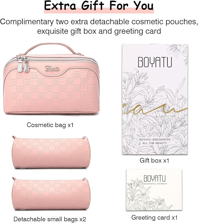 BOYATU Travel Makeup Bag Organizer Cosmetic Bag: 3 Pcs Set Make up Bags for Women with Handle - Waterproof Vegan Leather Toiletry Bags Travel Essentials Pouch with Compartments (C-05-Pink)