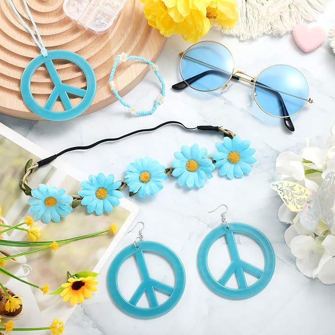 Batiyeer 6 Pcs Hippie Costume Accessories Set, Boho Peace Sign Daisy Flower 60s 70s Party Favors Decor for Groovy Party Women
